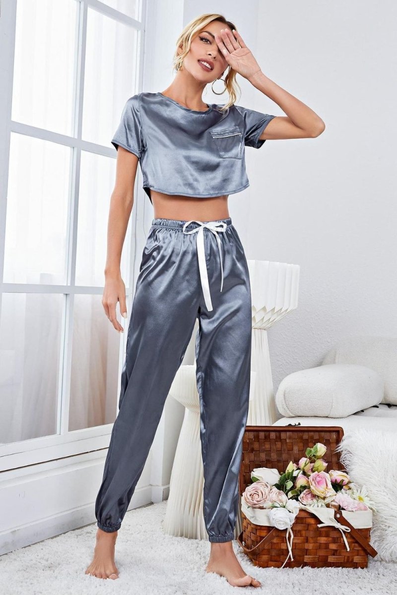 Satin Short Sleeve Crop Top and Joggers Lounge Set - Easy Pickins Store