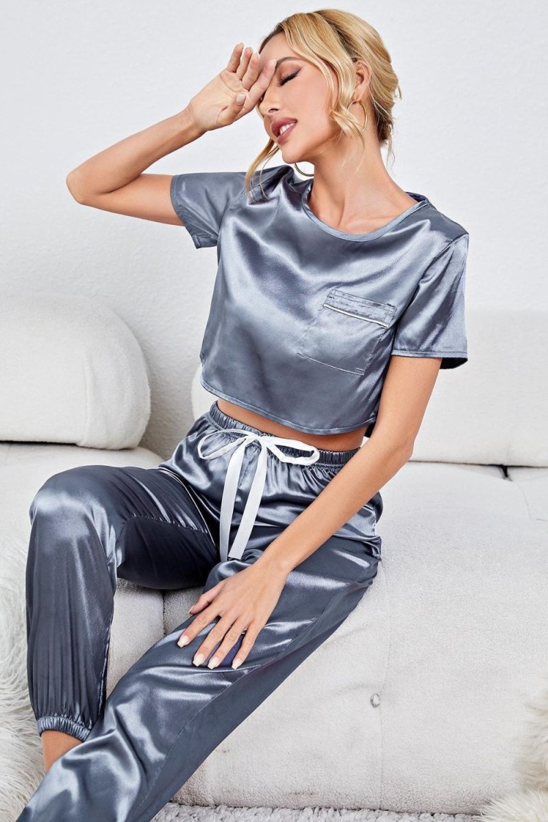 Satin Short Sleeve Crop Top and Joggers Lounge Set - Easy Pickins Store