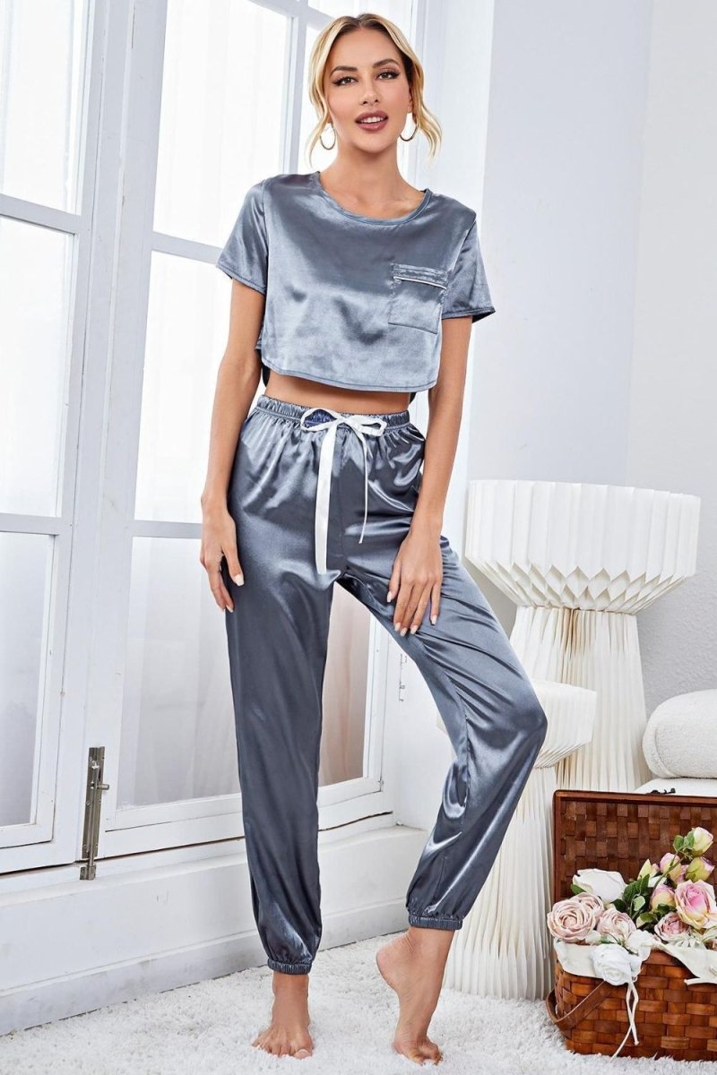 Satin Short Sleeve Crop Top and Joggers Lounge Set - Easy Pickins Store