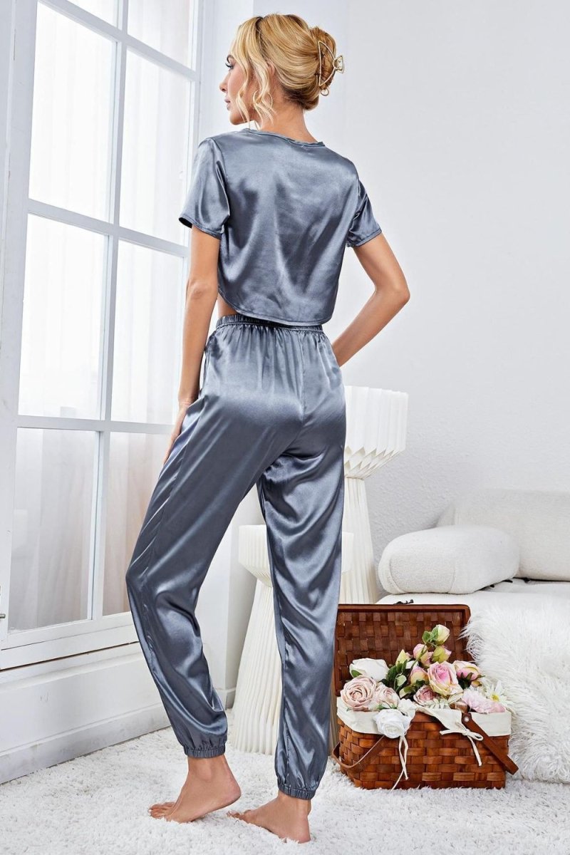 Satin Short Sleeve Crop Top and Joggers Lounge Set - Easy Pickins Store