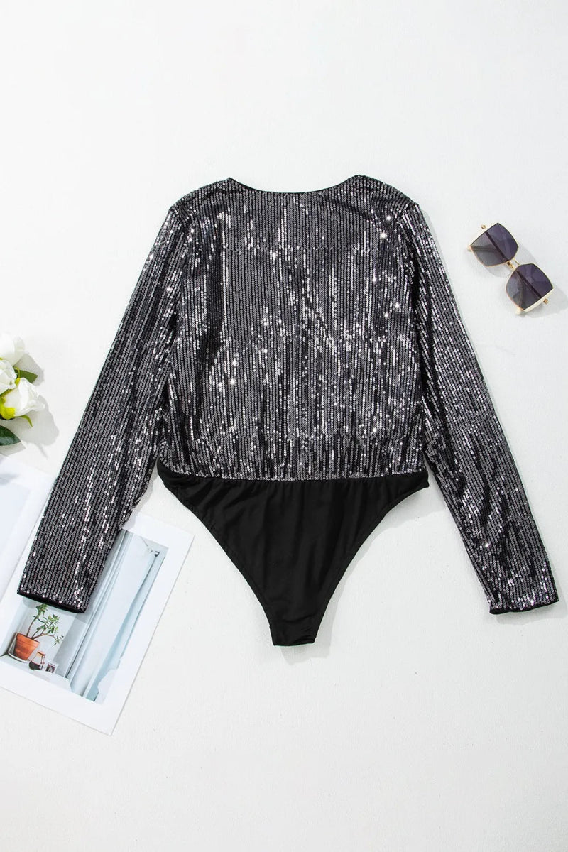 Sequin Surplice Long Sleeve Bodysuit - Easy Pickins Store