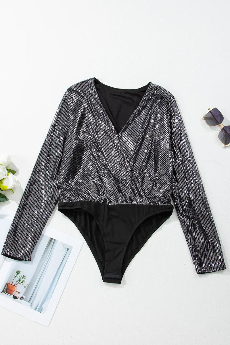 Sequin Surplice Long Sleeve Bodysuit - Easy Pickins Store