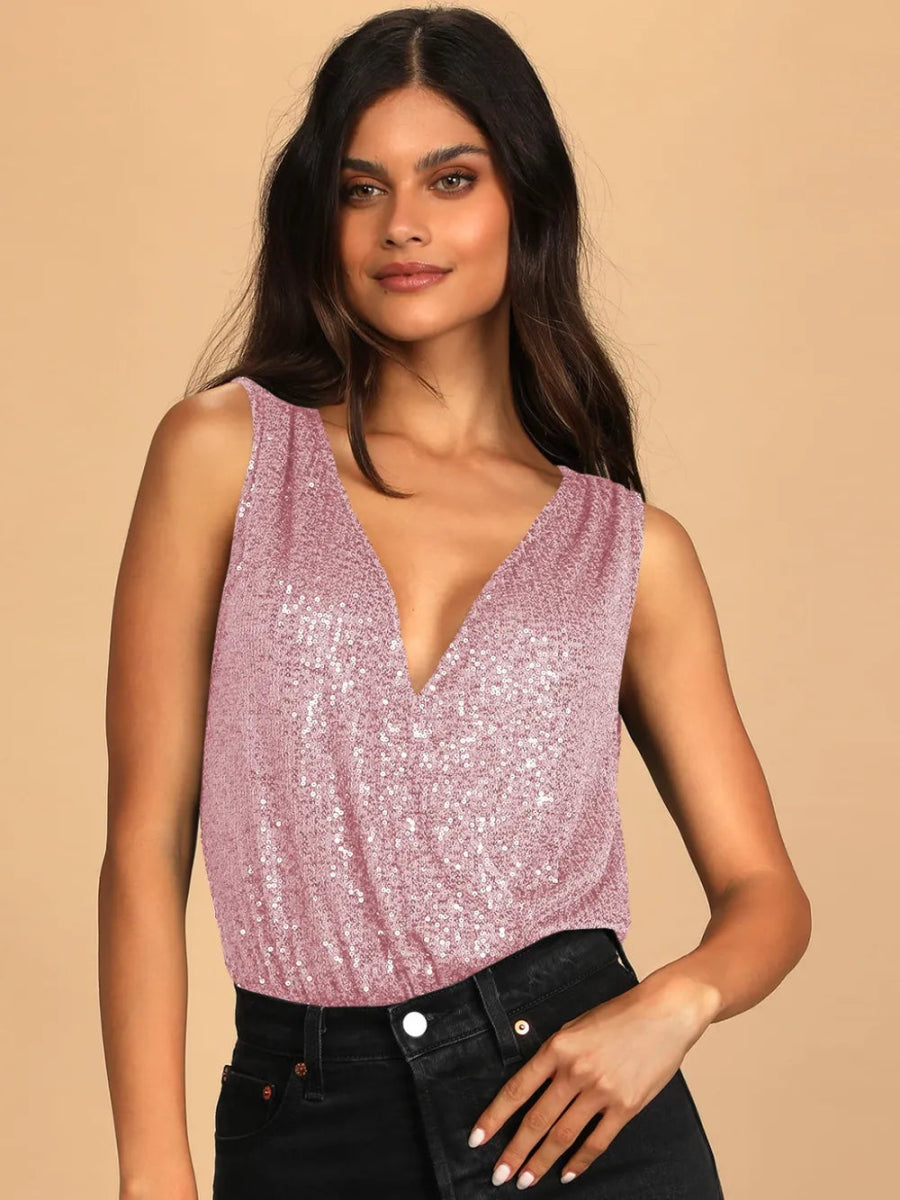 Sequin Surplice Sleeveless Bodysuit - Easy Pickins Store