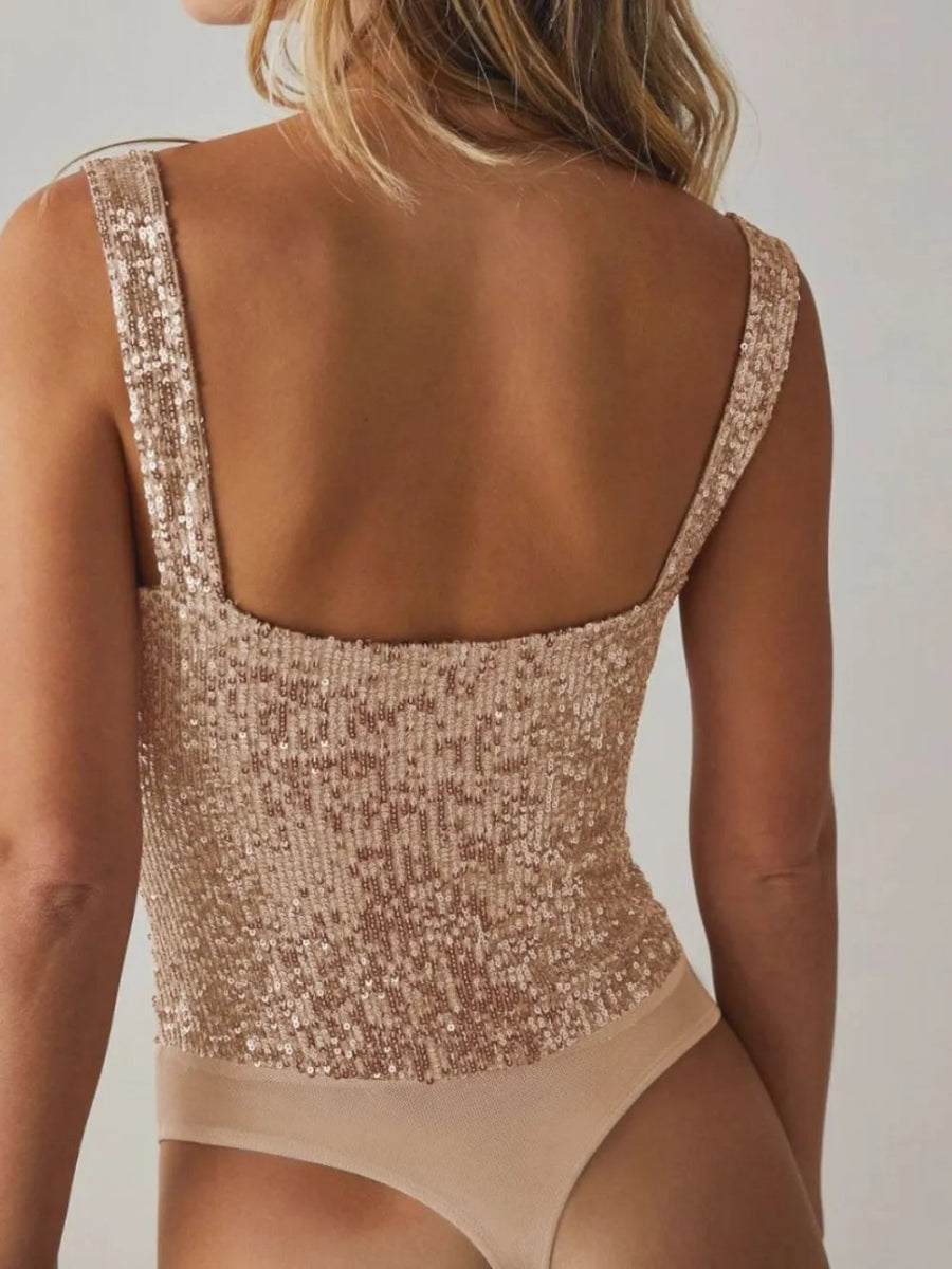 Sequin Wide Strap Slightly Stretchy Bodysuit - Easy Pickins Store