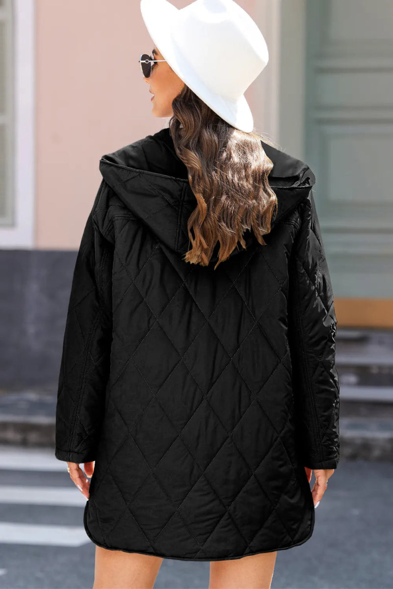 Snap Down Long Sleeve Quilted Winter Coat - Easy Pickins Store