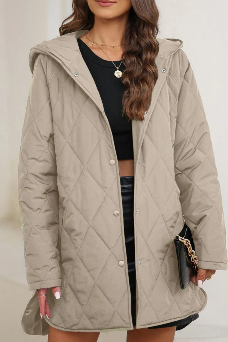 Snap Down Long Sleeve Quilted Winter Coat - Easy Pickins Store