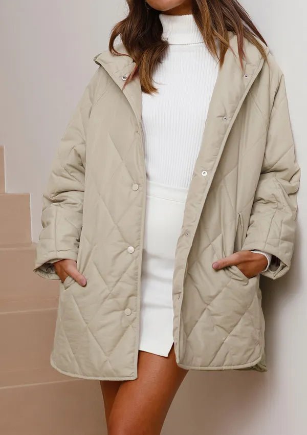 Snap Down Long Sleeve Quilted Winter Coat - Easy Pickins Store