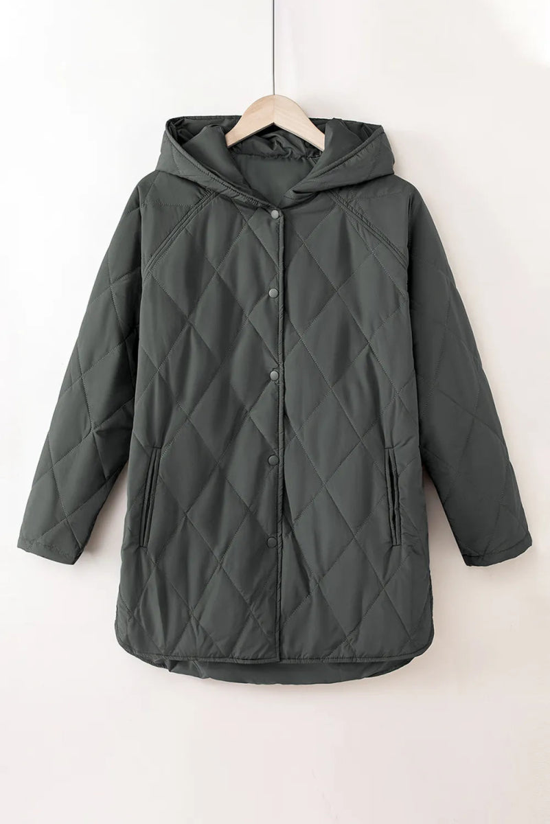 Snap Down Long Sleeve Quilted Winter Coat - Easy Pickins Store