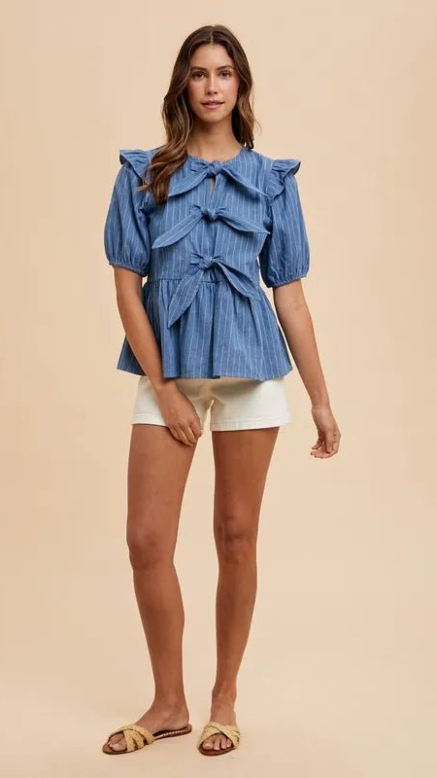 Stripe Front Bow Denim Peplum Blouse - Easy Pickins Store