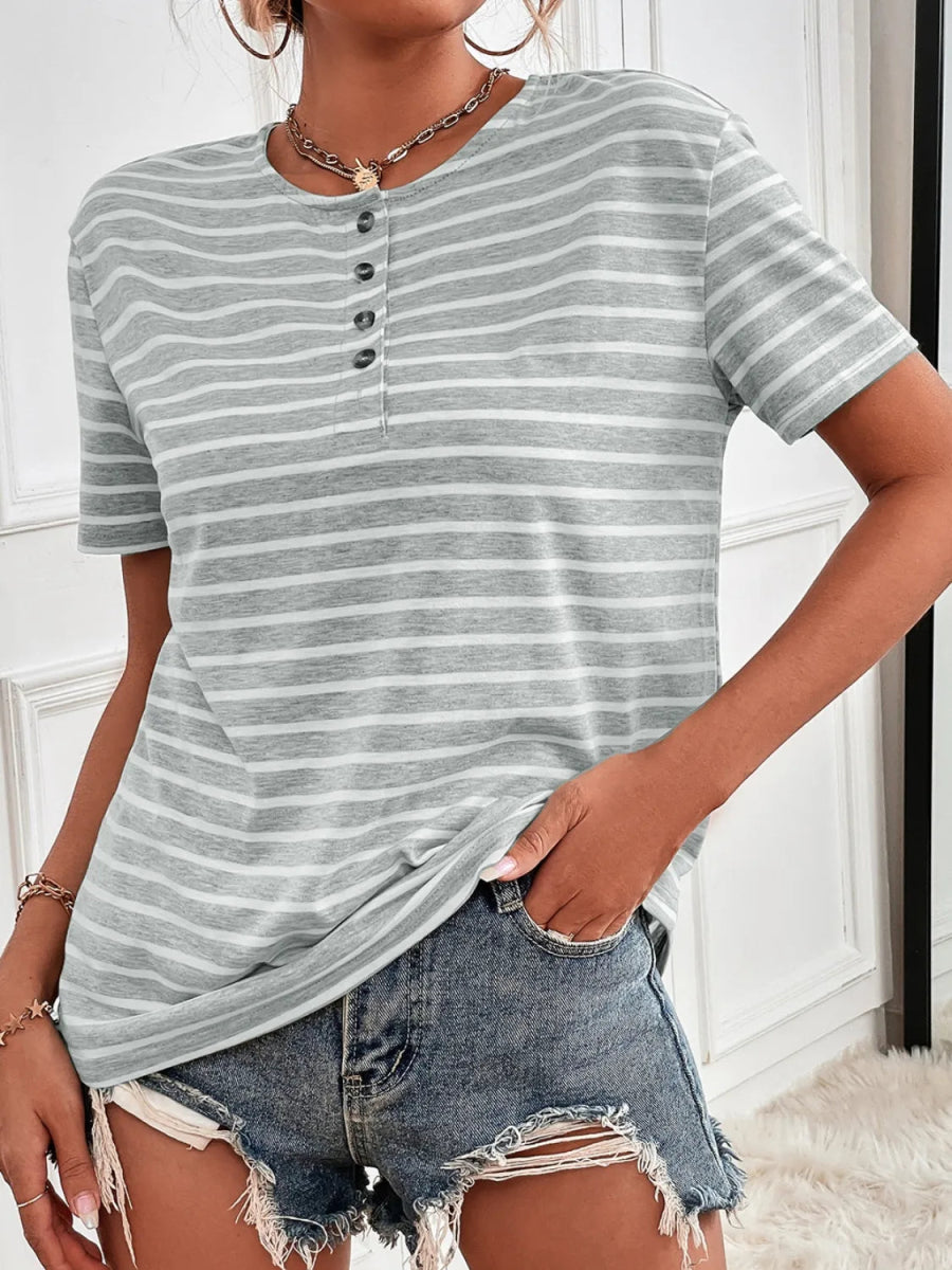 Striped Buttoned Short-Sleeve Top - Easy Pickins Store