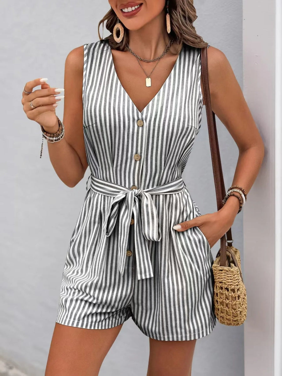 Striped V - neck Button Front Belted Romper - Easy Pickins Store