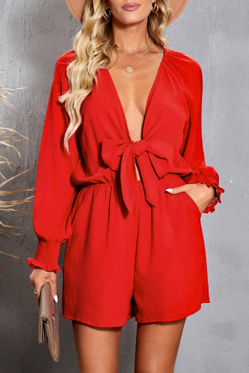 Tied Flounce Sleeve Plunge Romper - Easy Pickins Store