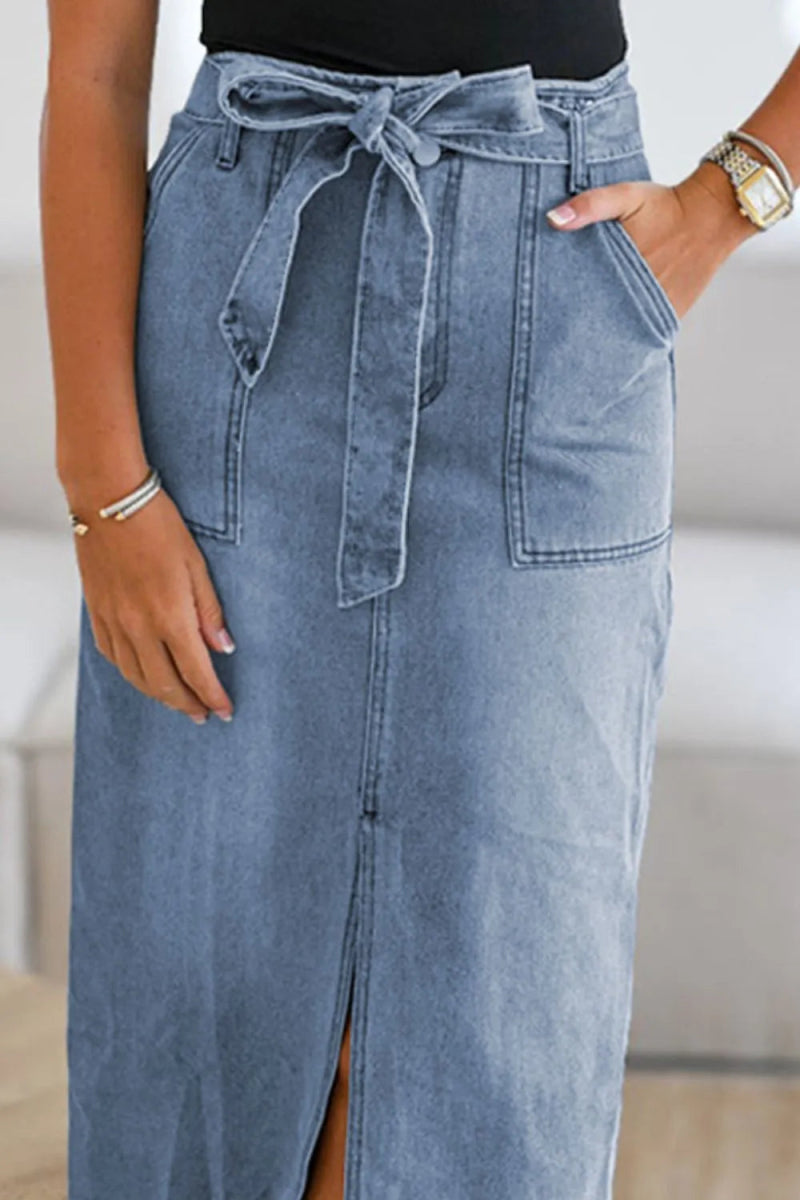 Tied Slit Denim Pocketed Skirt - Easy Pickins Store