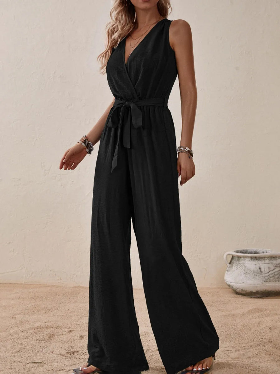 Tied Surplice Sleeveless Wide Leg Jumpsuit - Easy Pickins Store