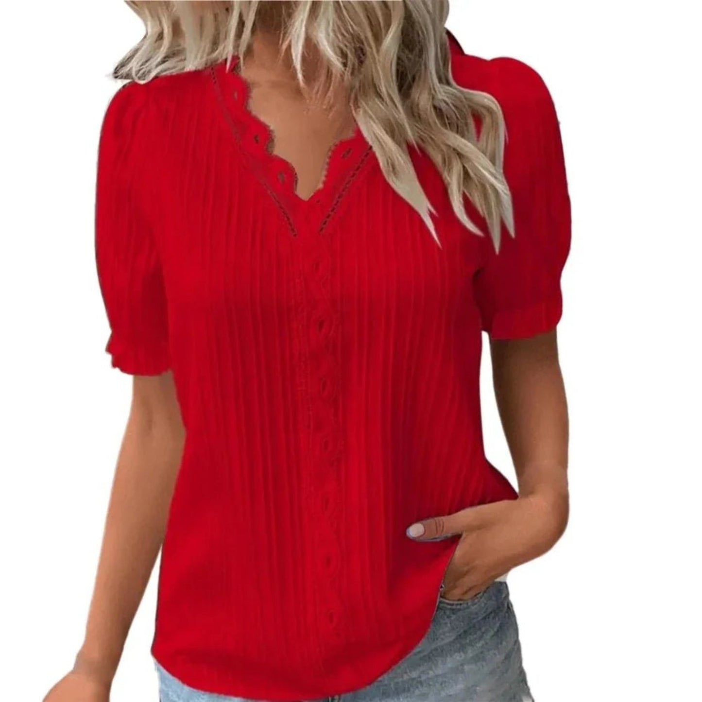 V - Neck Hollow Short Sleeve Splice Loose Street Blouse - Easy Pickins Store