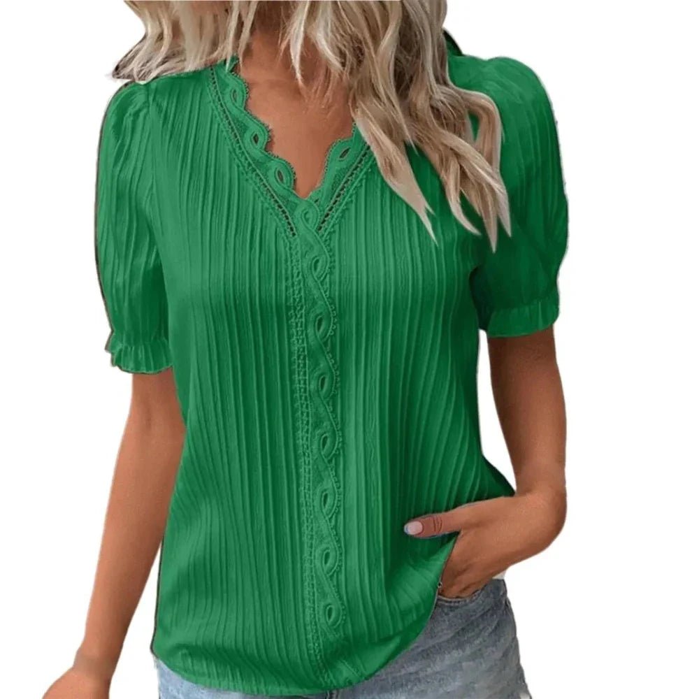 V - Neck Hollow Short Sleeve Splice Loose Street Blouse - Easy Pickins Store