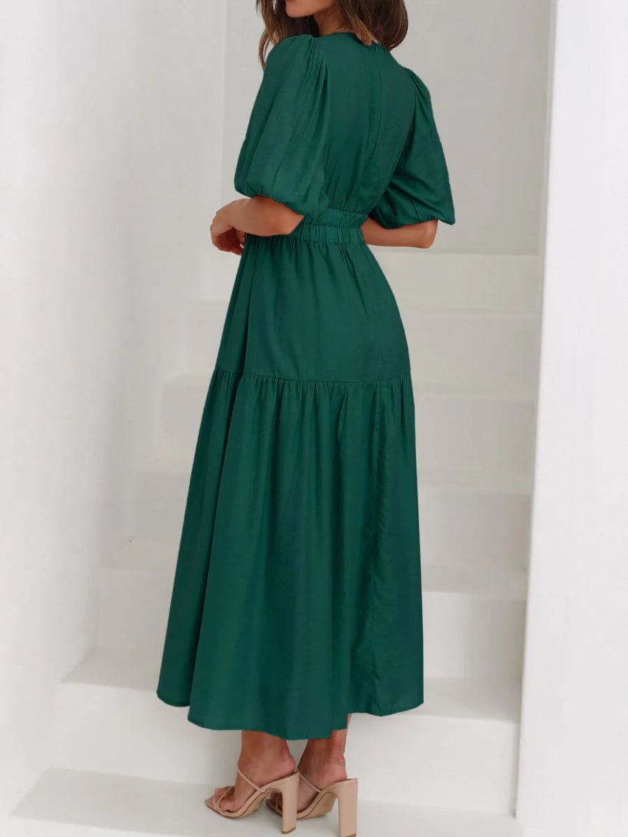 V - Neck Puff Sleeve Midi Dress - Easy Pickins Store