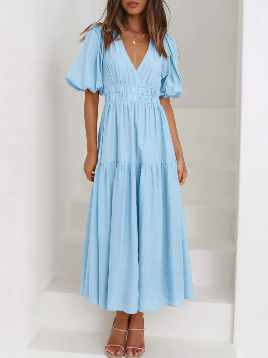 V - Neck Puff Sleeve Midi Dress - Easy Pickins Store