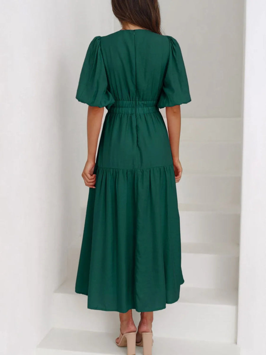 V - Neck Puff Sleeve Midi Dress - Easy Pickins Store