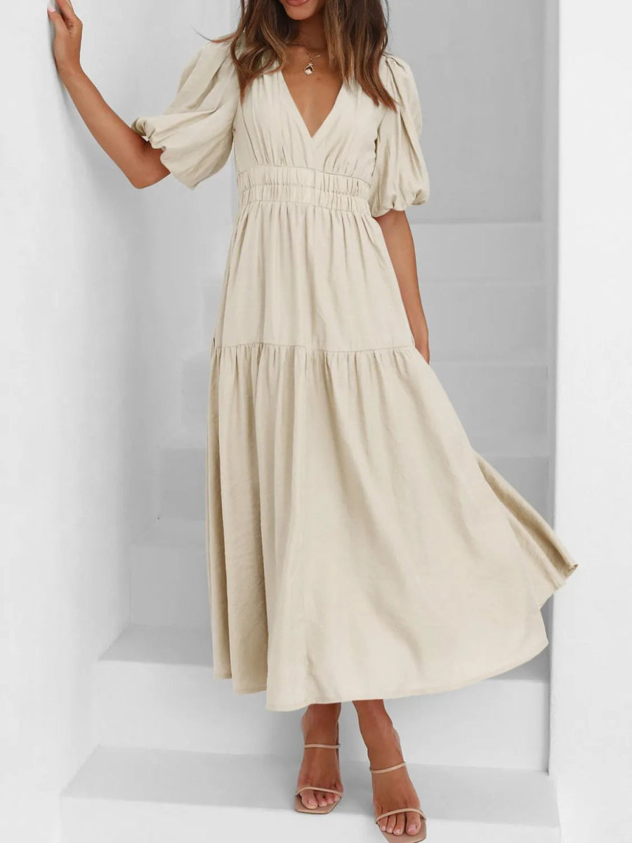V - Neck Puff Sleeve Midi Dress - Easy Pickins Store