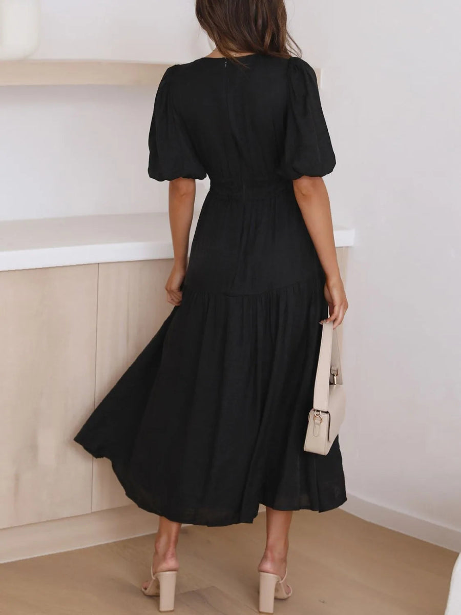 V - Neck Puff Sleeve Midi Dress - Easy Pickins Store