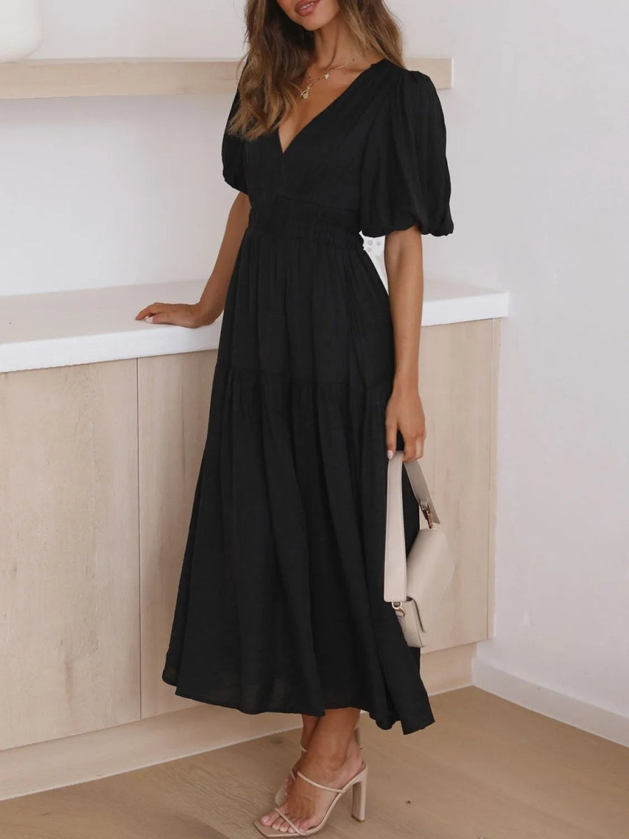 V - Neck Puff Sleeve Midi Dress - Easy Pickins Store
