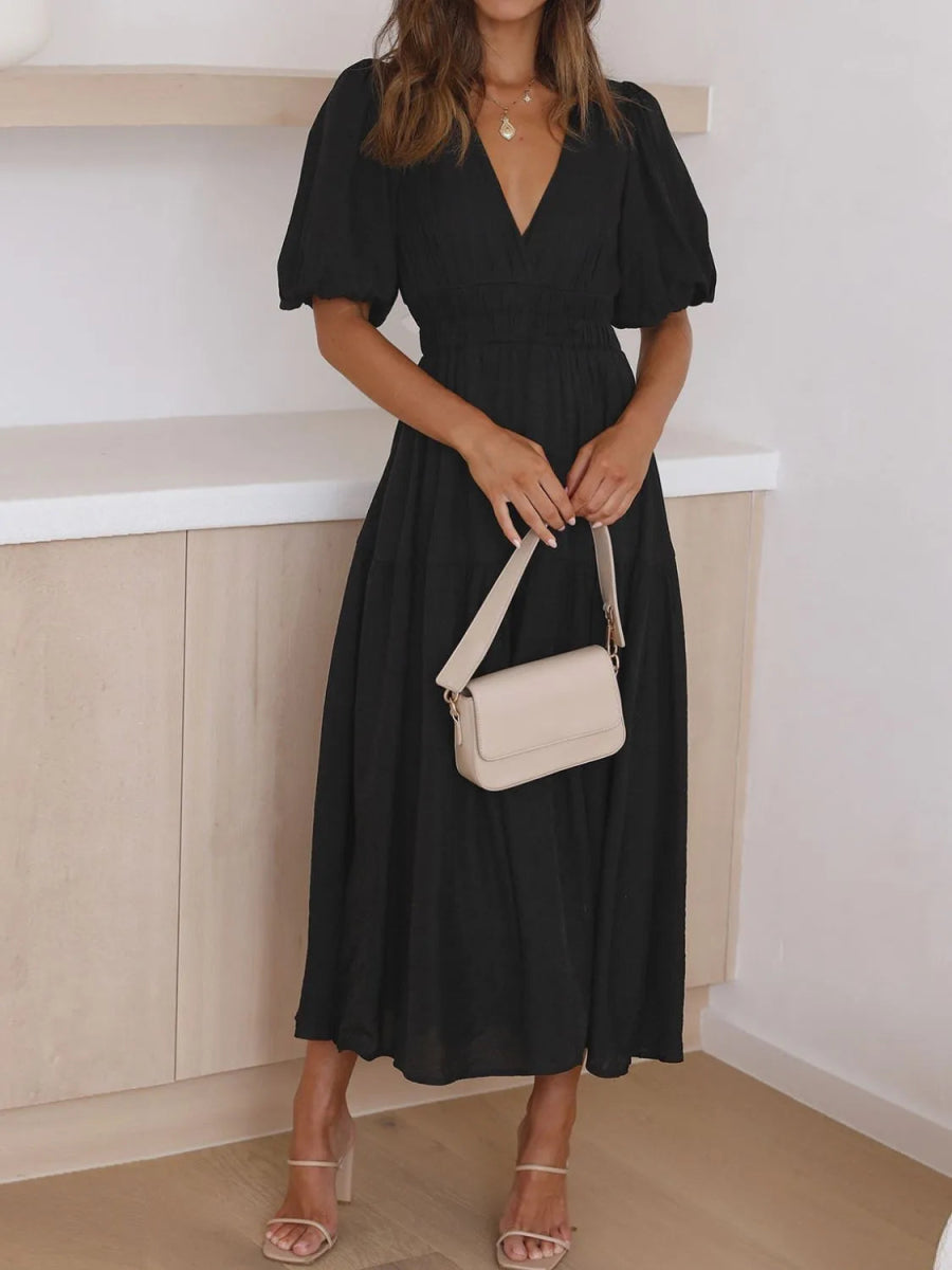 V - Neck Puff Sleeve Midi Dress - Easy Pickins Store