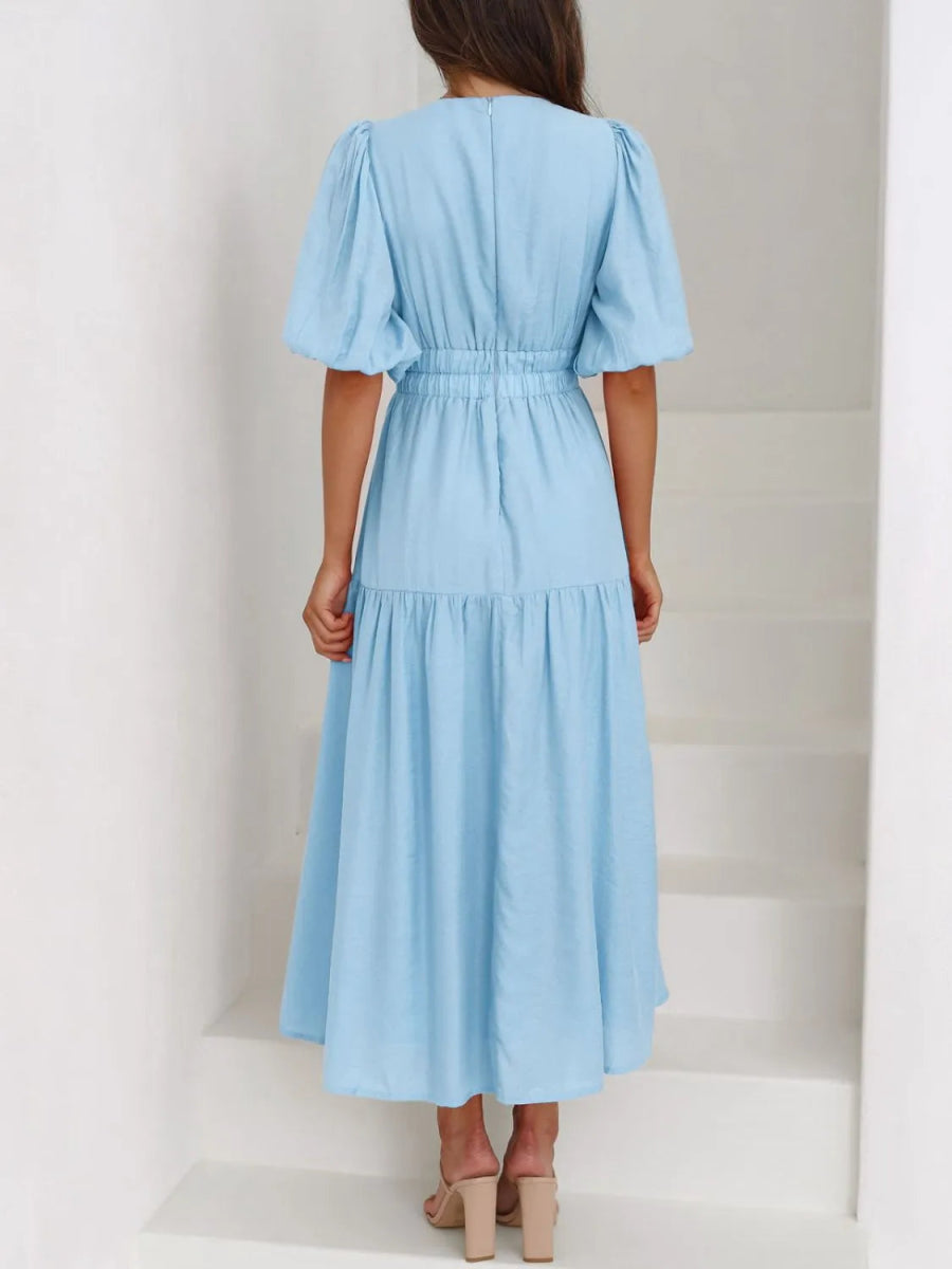 V - Neck Puff Sleeve Midi Dress - Easy Pickins Store