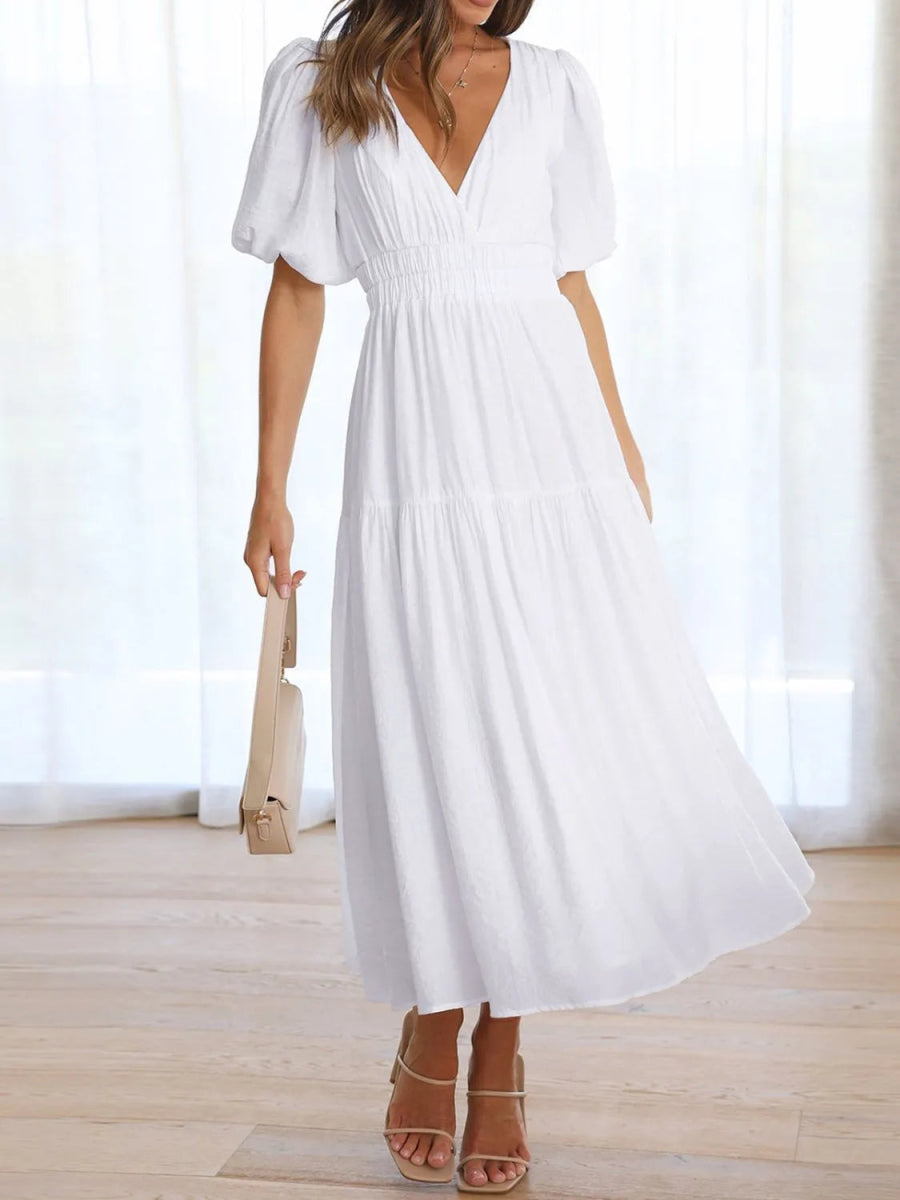 V - Neck Puff Sleeve Midi Dress - Easy Pickins Store
