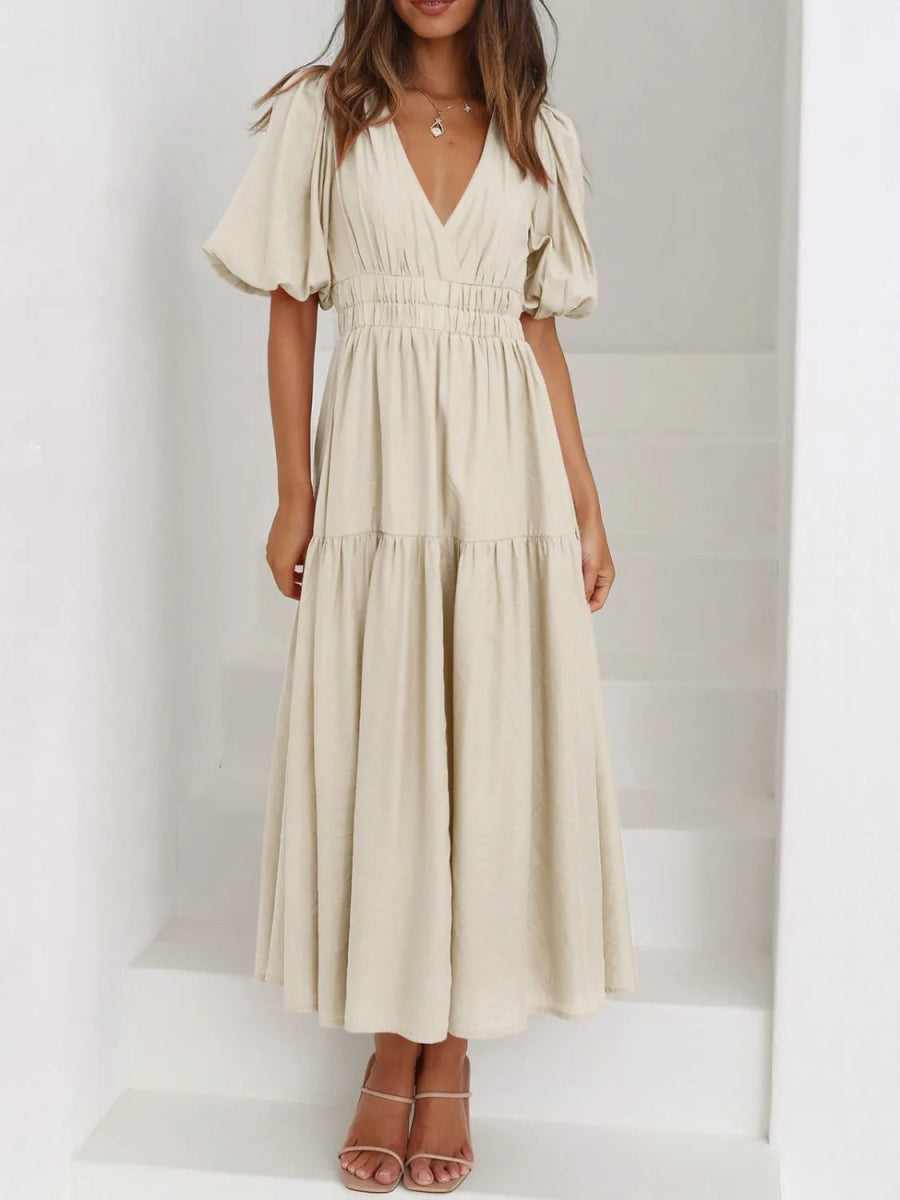 V - Neck Puff Sleeve Midi Dress - Easy Pickins Store