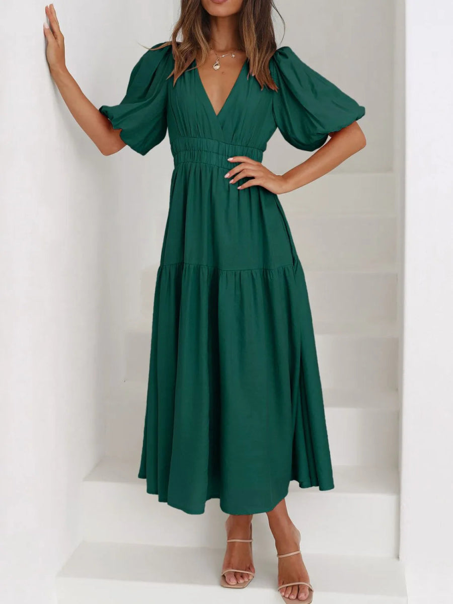 V - Neck Puff Sleeve Midi Dress - Easy Pickins Store