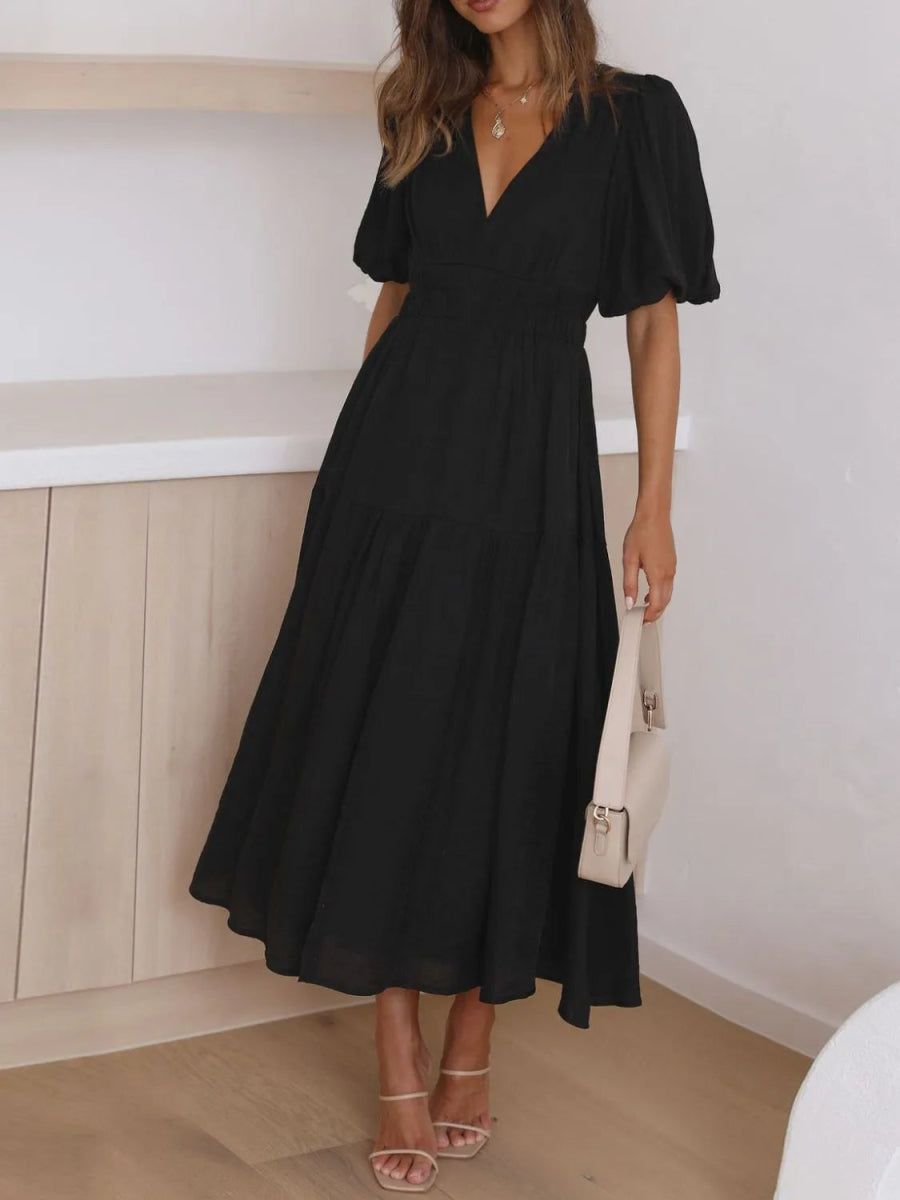 V - Neck Puff Sleeve Midi Dress - Easy Pickins Store