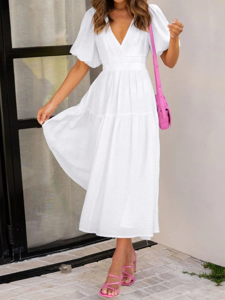 V - Neck Puff Sleeve Midi Dress - Easy Pickins Store