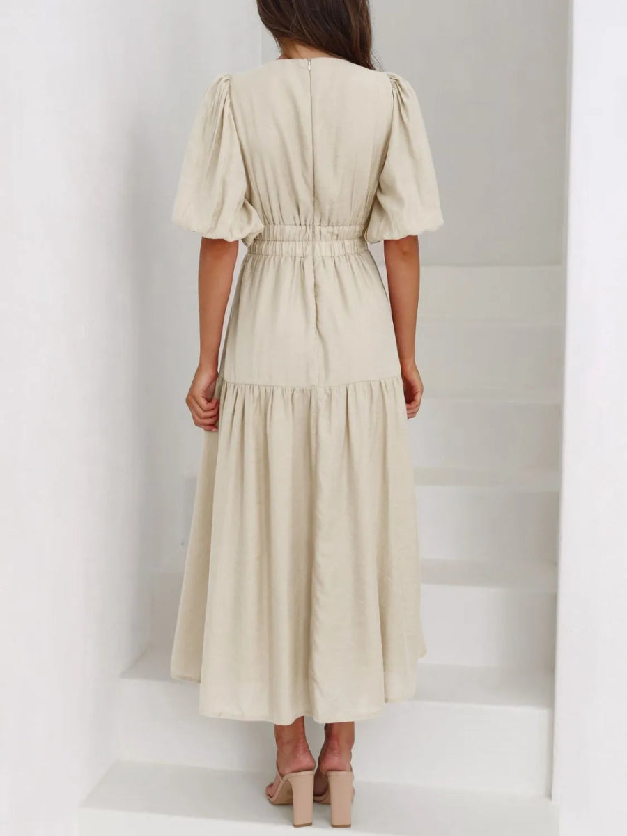 V - Neck Puff Sleeve Midi Dress - Easy Pickins Store