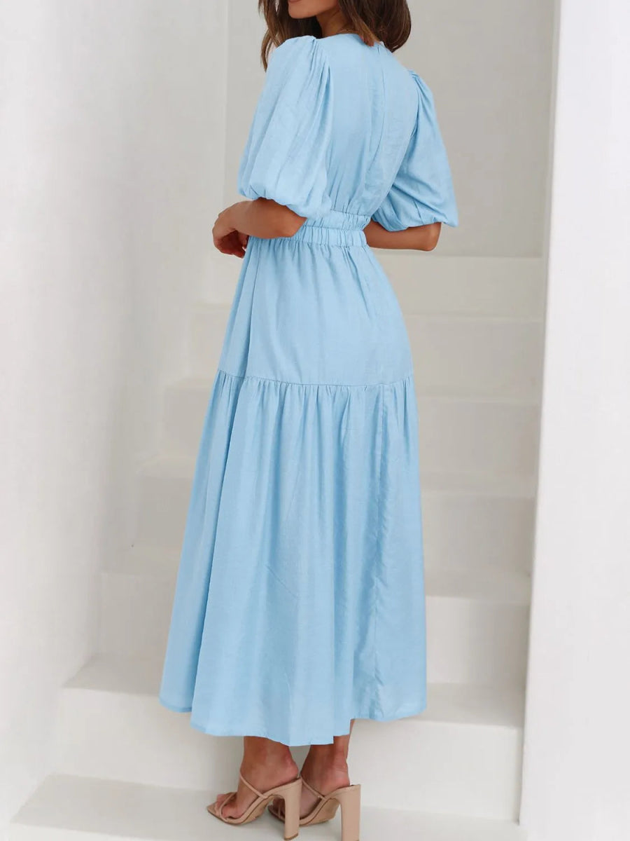 V - Neck Puff Sleeve Midi Dress - Easy Pickins Store
