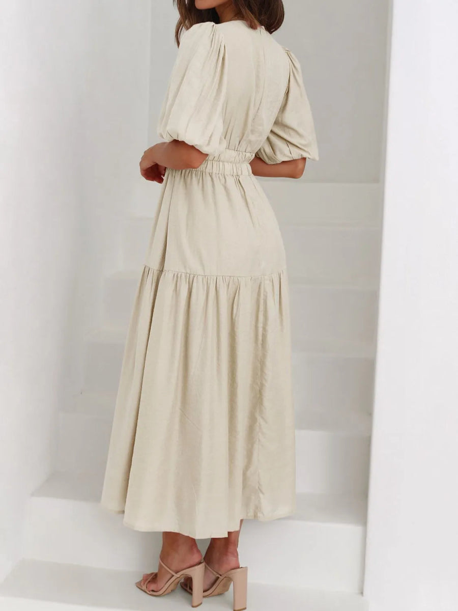 V - Neck Puff Sleeve Midi Dress - Easy Pickins Store