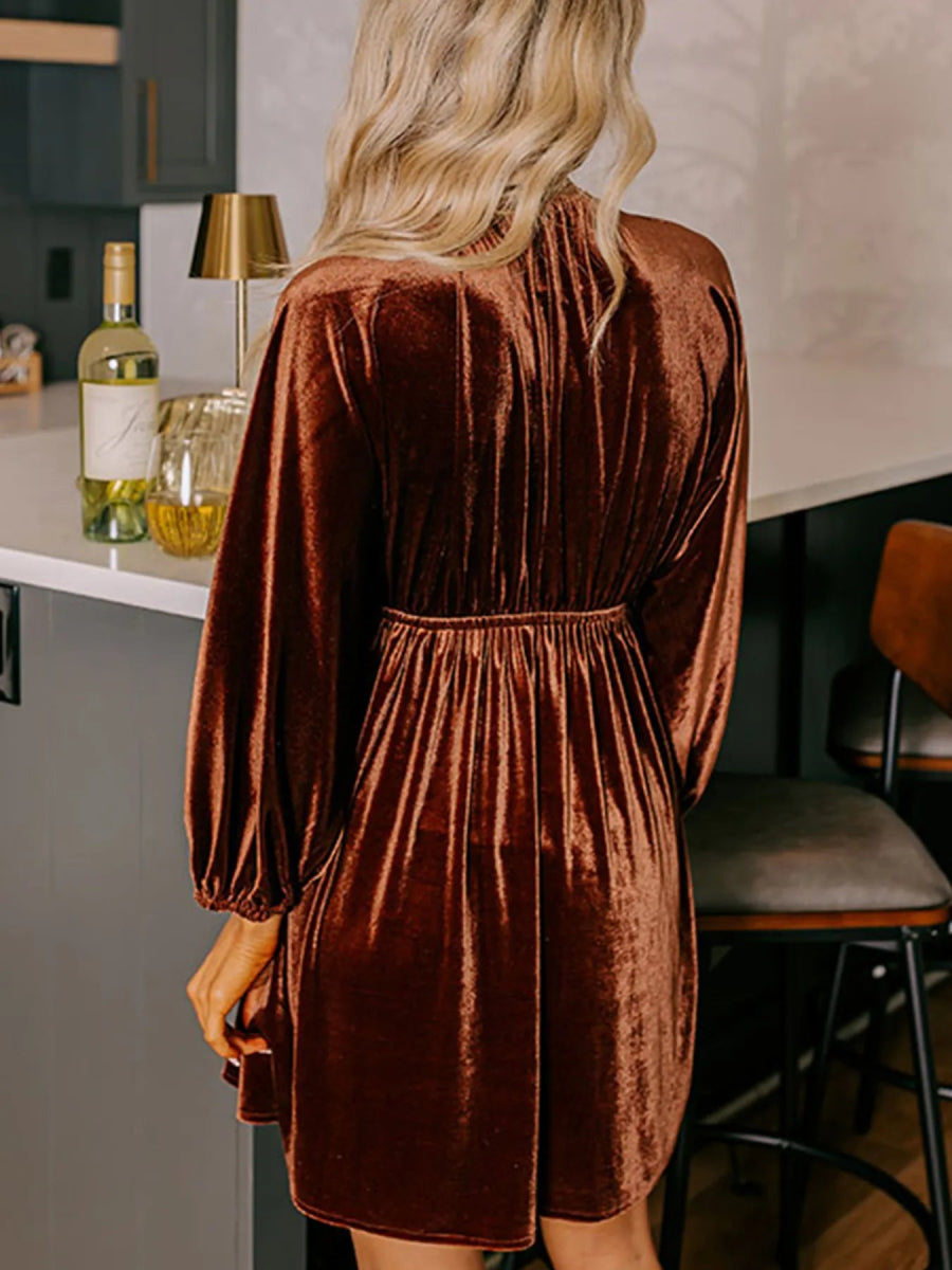 V Neck Puff Sleeve Velvet Dress - Easy Pickins Store