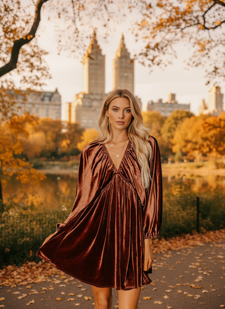V Neck Puff Sleeve Velvet Dress - Easy Pickins Store
