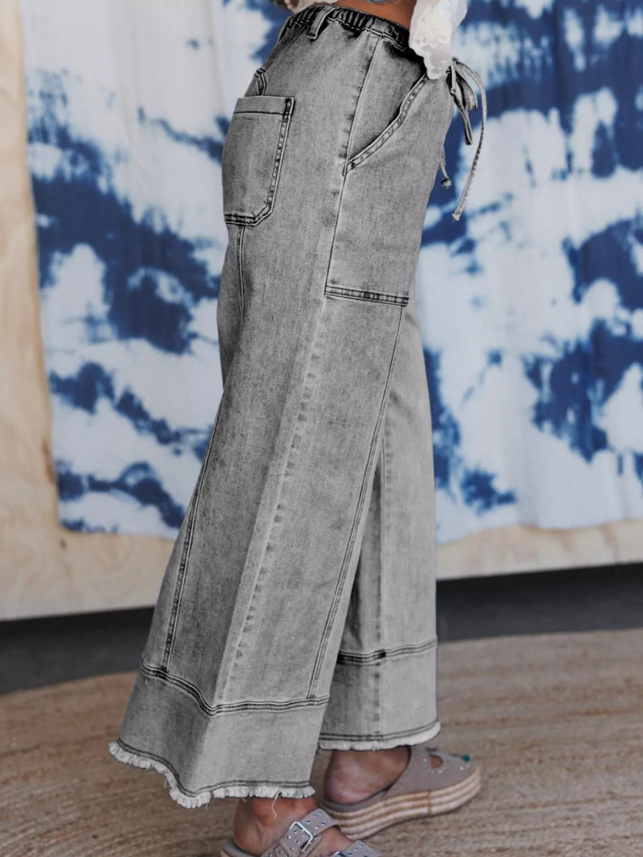 Wide Leg Drawstring Raw Hem Jeans - Easy Pickins Store