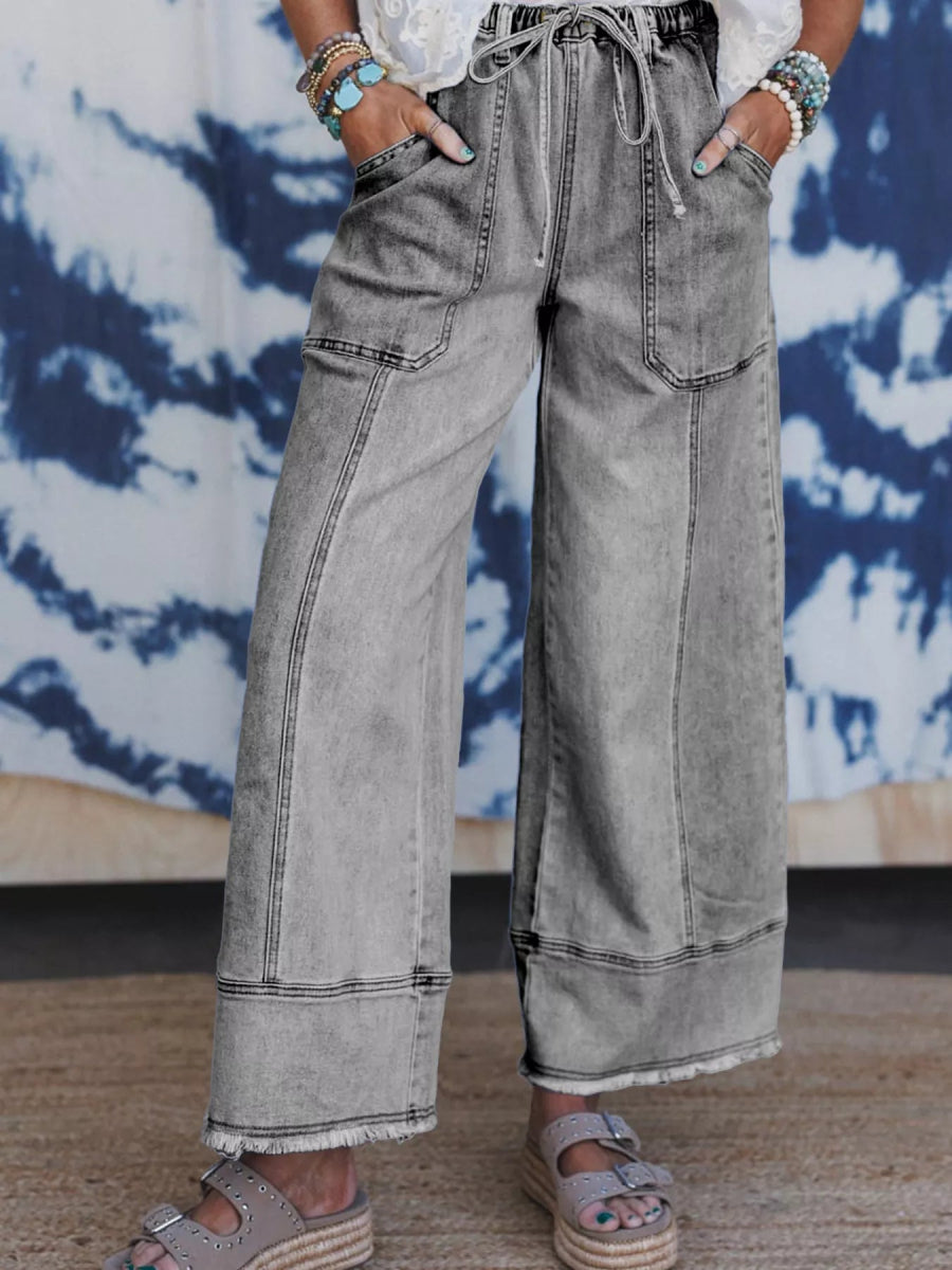 Wide Leg Drawstring Raw Hem Jeans - Easy Pickins Store