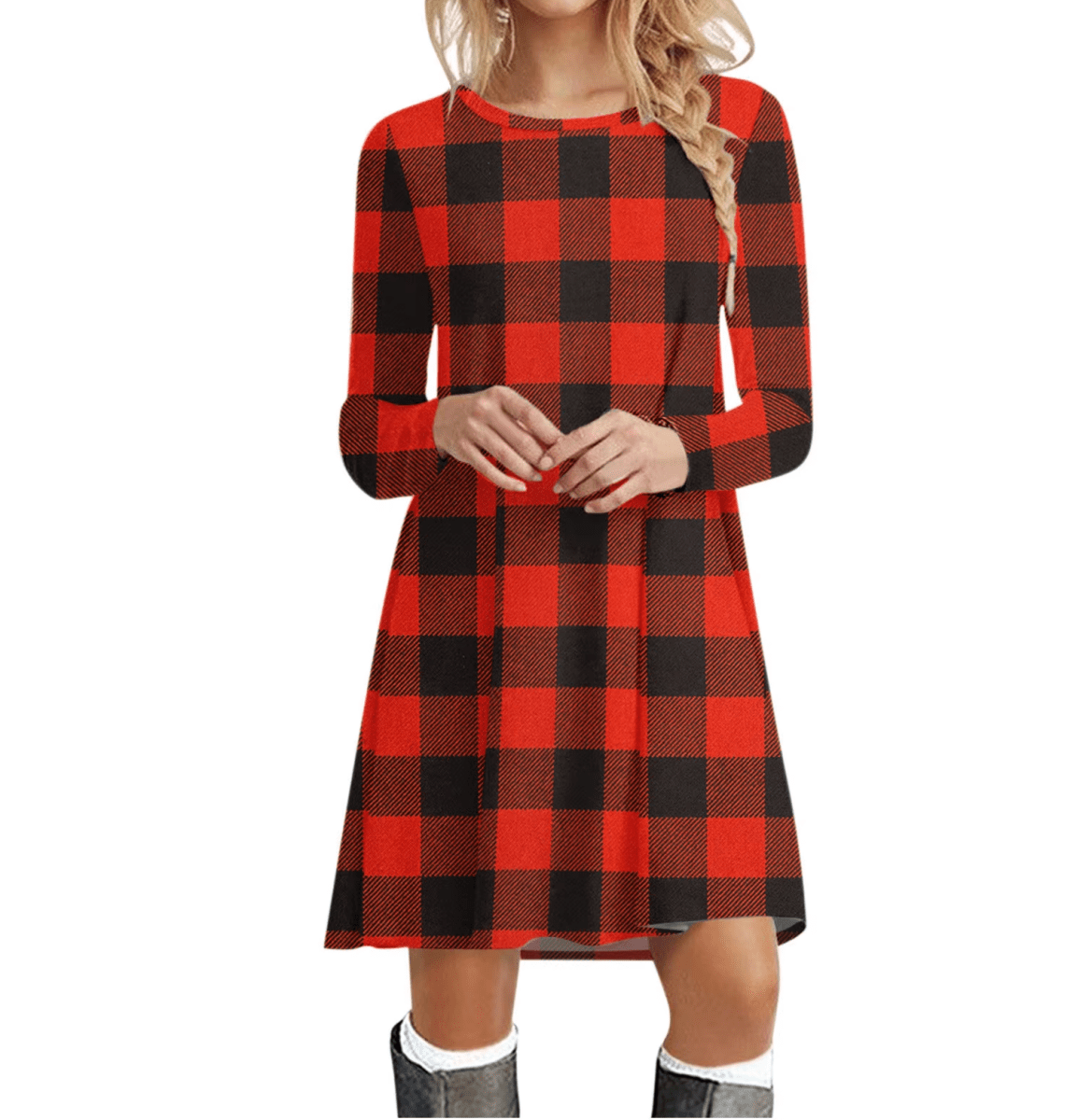 Women's Plaid Swing Long Sleeve Round Neck Tunic Mini Dress - Easy Pickins Store