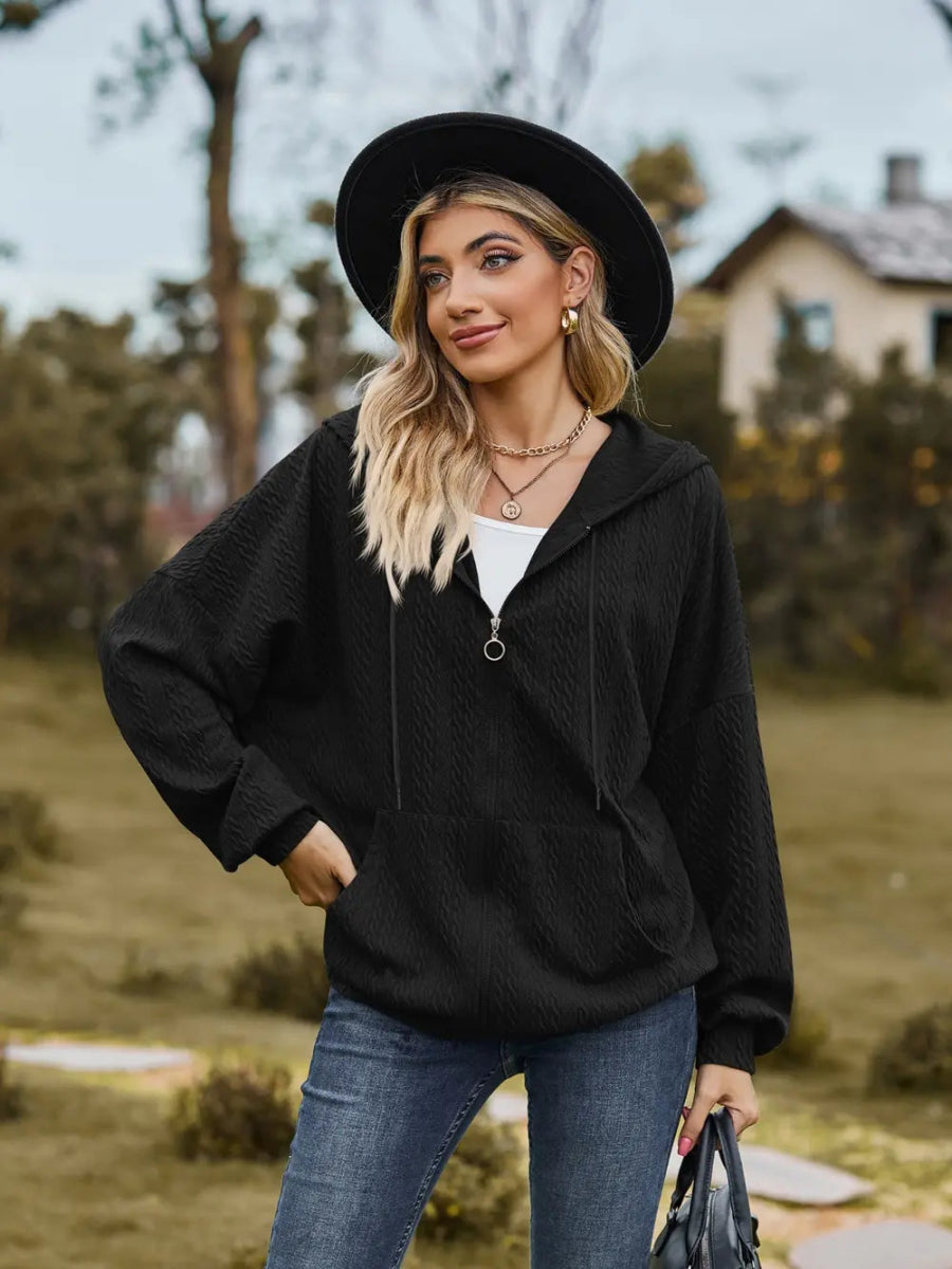 Zip Up Drawstring Long Sleeve Hooded Jacket - Easy Pickins Store