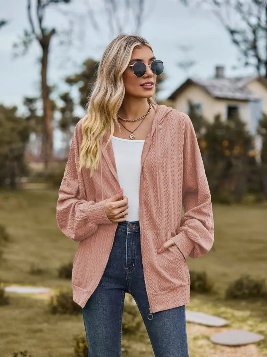 Zip Up Drawstring Long Sleeve Hooded Jacket - Easy Pickins Store
