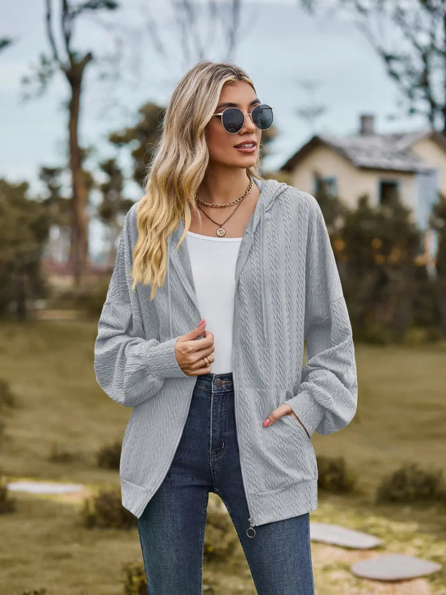 Zip Up Drawstring Long Sleeve Hooded Jacket - Easy Pickins Store