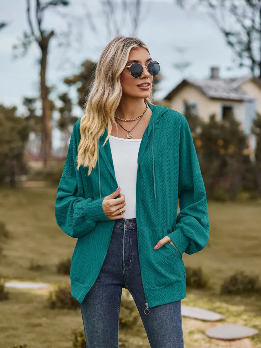 Zip Up Drawstring Long Sleeve Hooded Jacket - Easy Pickins Store