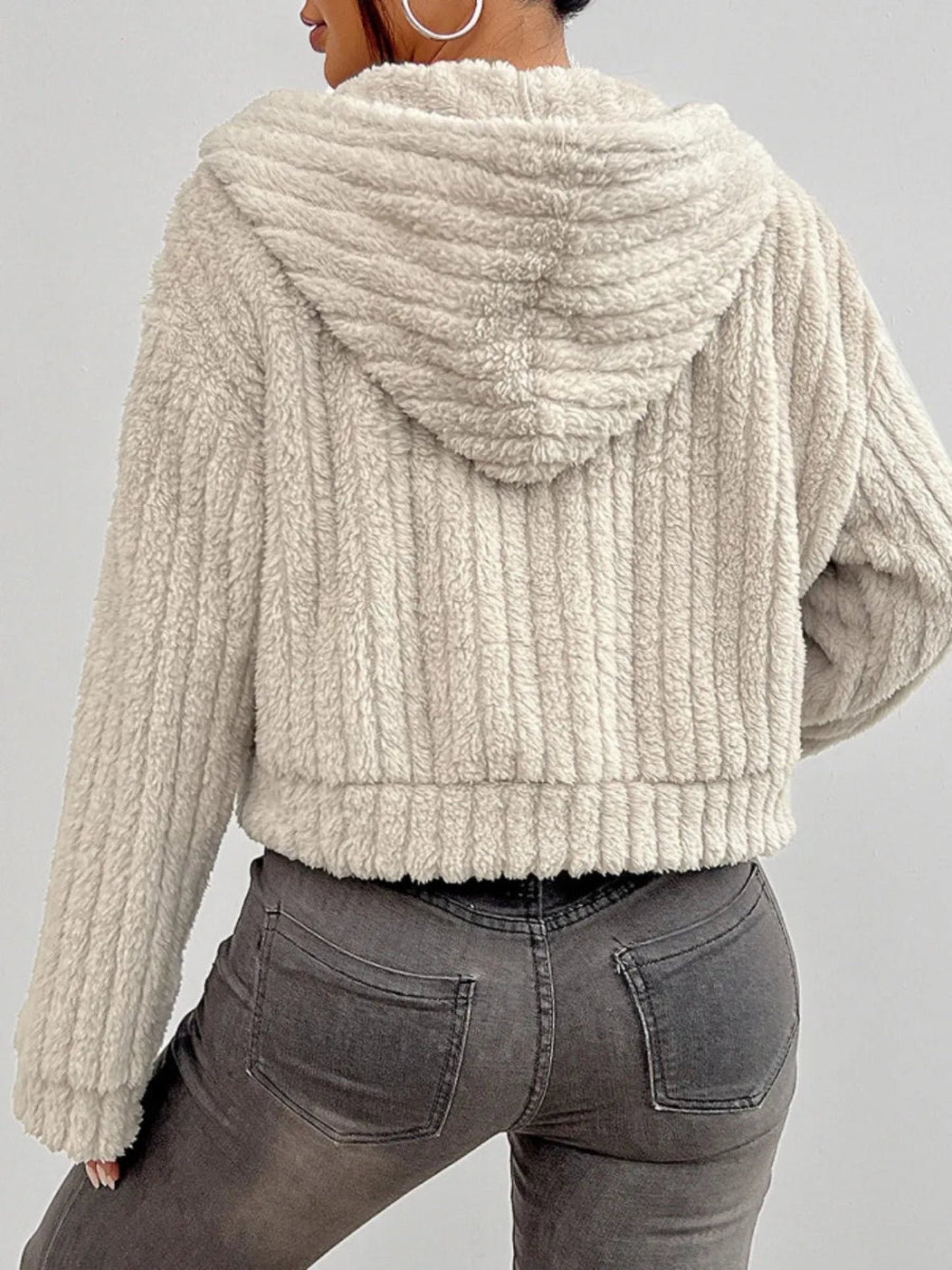Zip Up Long Sleeve Fuzzy Hooded Jacket - Easy Pickins Store