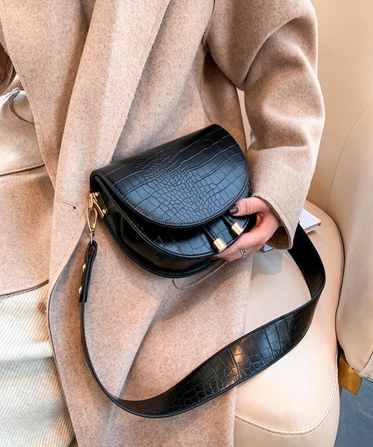 Crocodile Pattern Half Round Leather Handbag | Easy Pickins