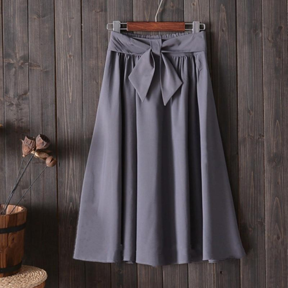 Elegant Pleated Big Bow High Waist Knee Length A Line Skirt