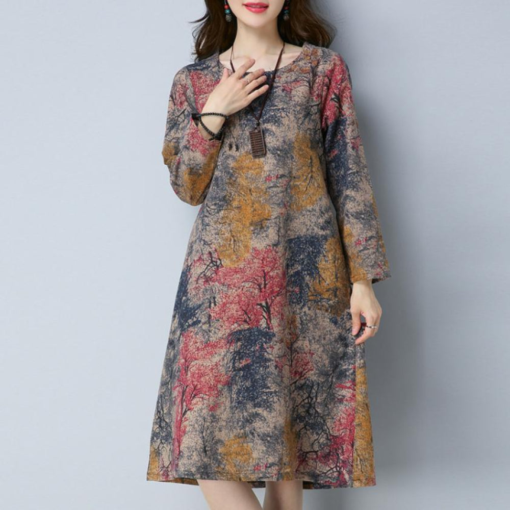 Long Sleeve O Neck Pocket Cotton Loose Dress | Easy Pickins