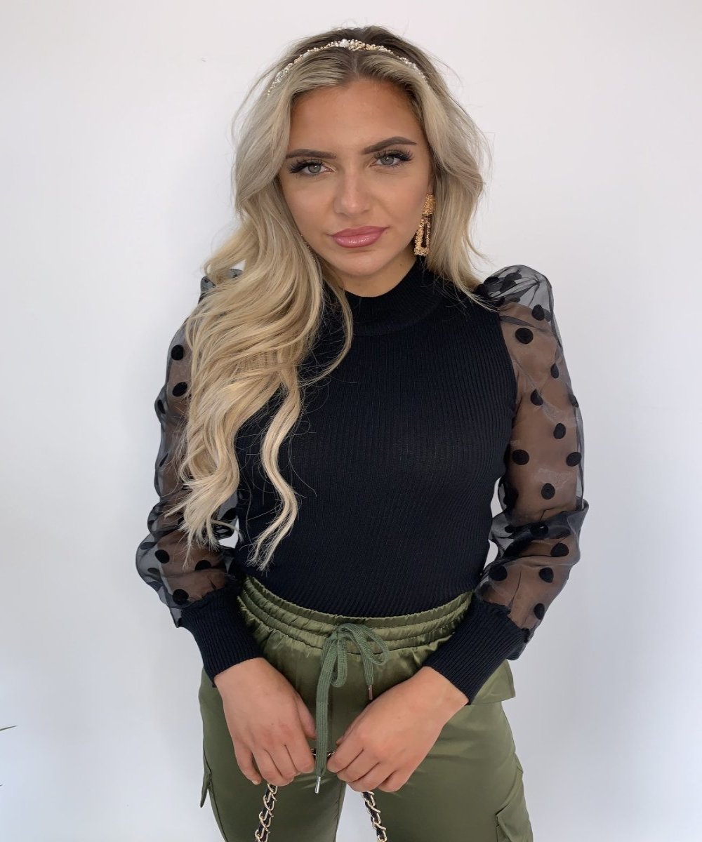 Mesh Puff Long Sleeve Ribbed Knitted Polka Dots Turtleneck Blouse - Easy Pickins Store